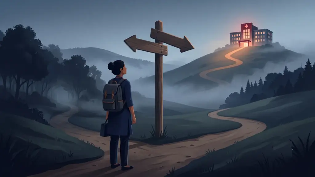 A young Indian medical student pausing at a crossroads sign reading right college and wrong college, symbolising choosing the right MBBS college abroad