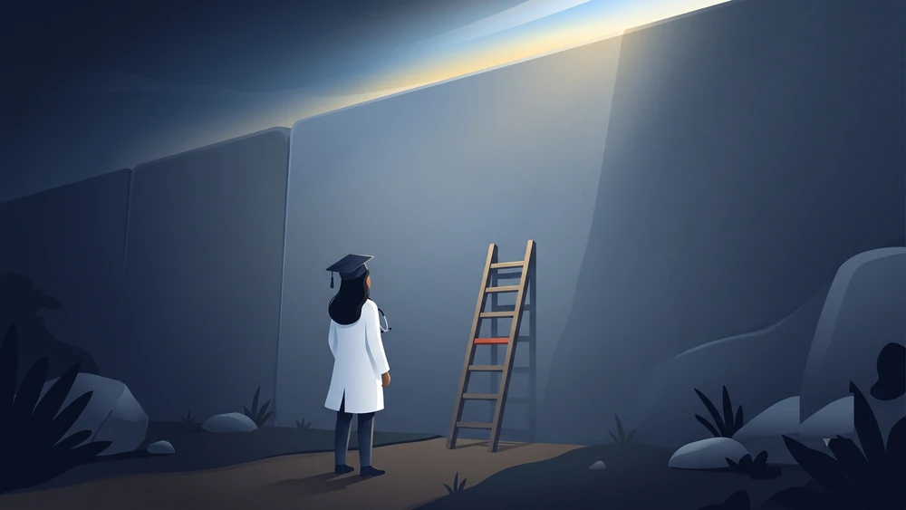 A foreign medical graduate in a white coat facing a tall wall labelled FMGE with a ladder beside it, symbolising the FMGE exam barrier