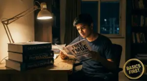 A student at night holding a "Free FMGE Coaching" brochure beside unopened medical textbooks, with a gold "Basics First" stamp — coaching cannot replace strong MBBS basics.