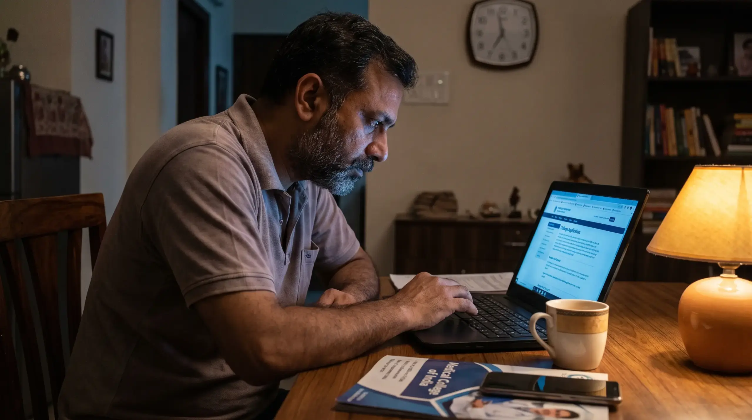 An Indian parent studying an MBBS-in-Philippines brochure late at night, weighing the decision before paying.