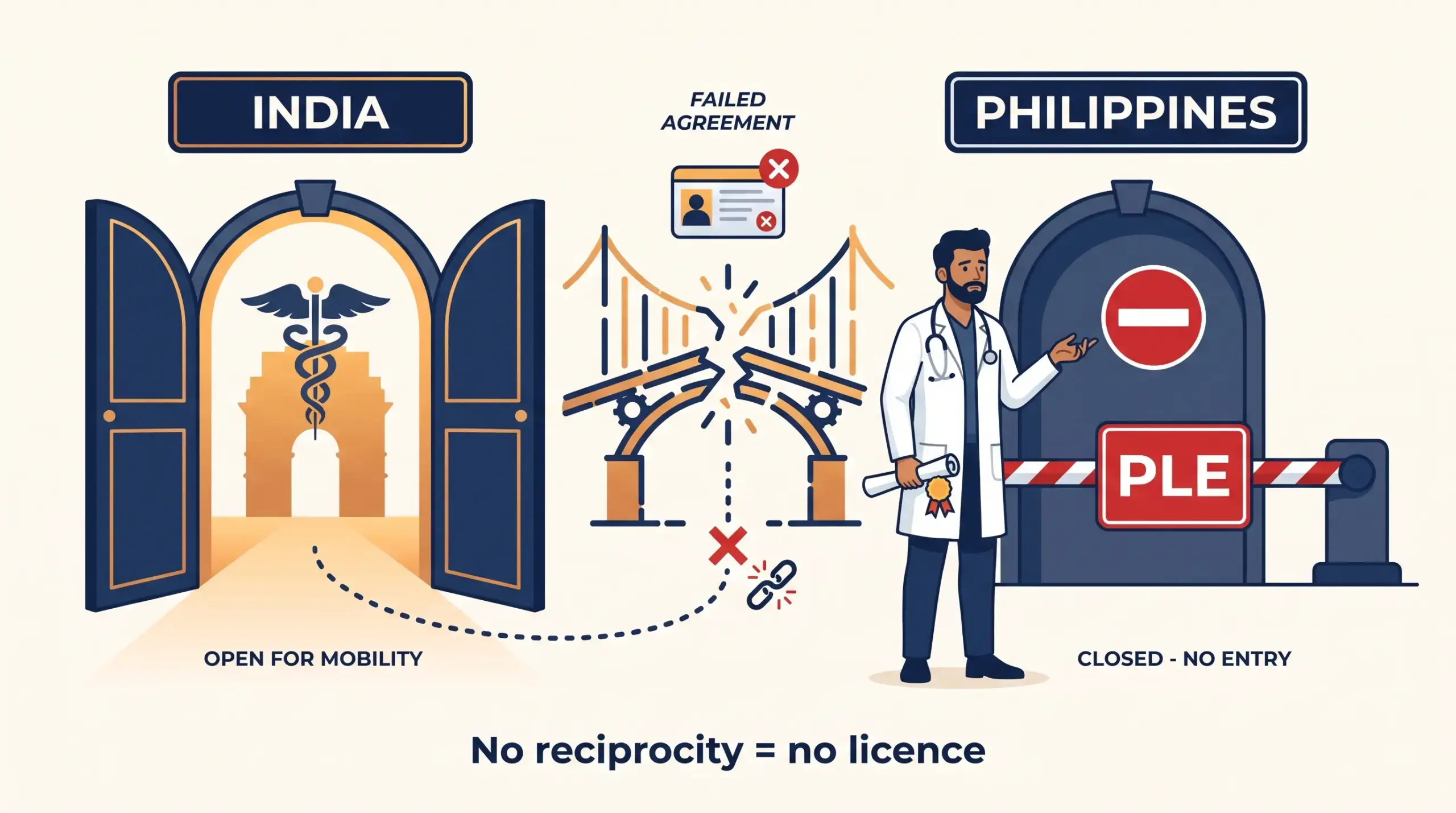 Why Indian graduates cannot sit the Philippine PLE: no India–Philippines licensure reciprocity, shown as a closed border gate.