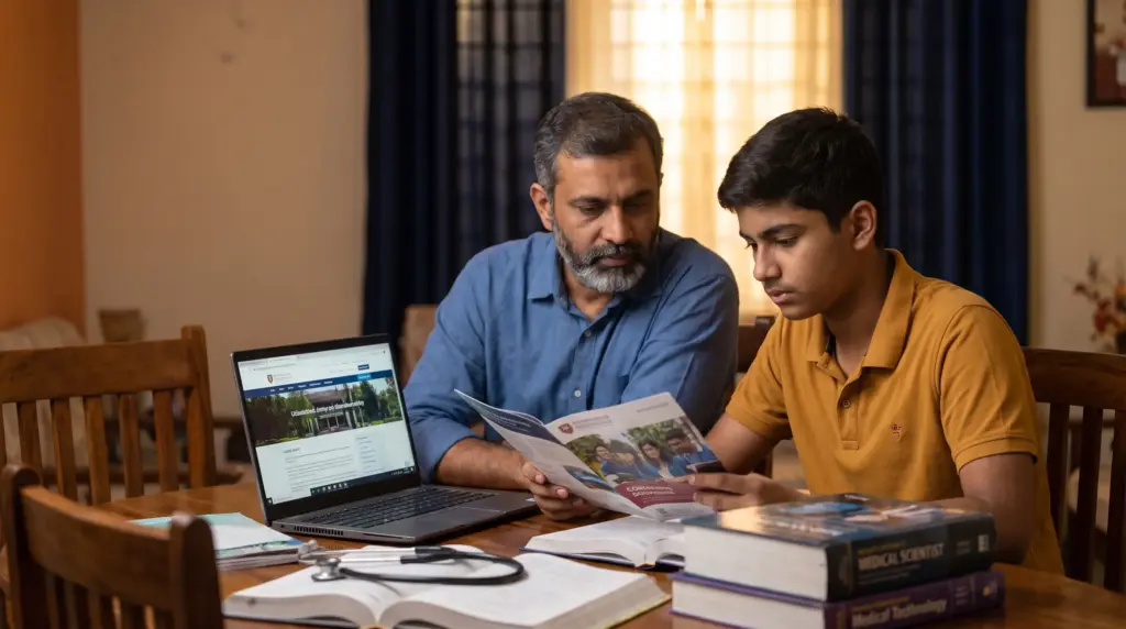 An Indian father and son reviewing a Philippines medical-college brochure and a laptop at home, weighing the MBBS-abroad decision