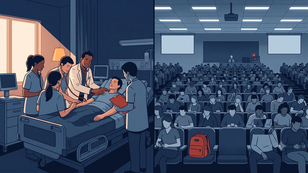 Split scene comparing hands-on hospital bedside training on one side with a crowded passive lecture hall on the other
